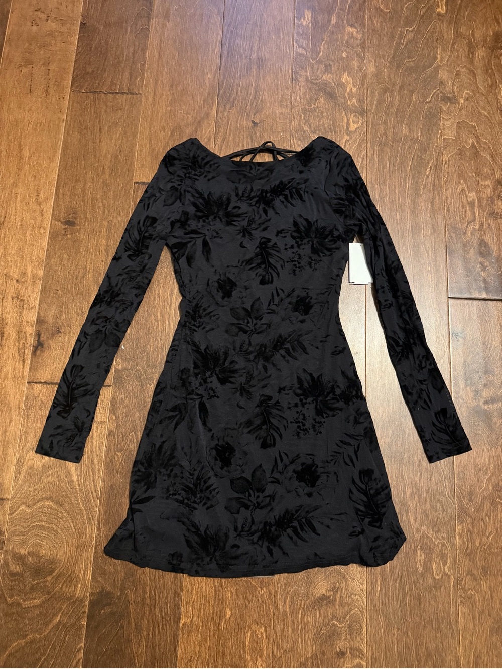 Black Long-Sleeve Floral Burnout Fit & Flare Dress